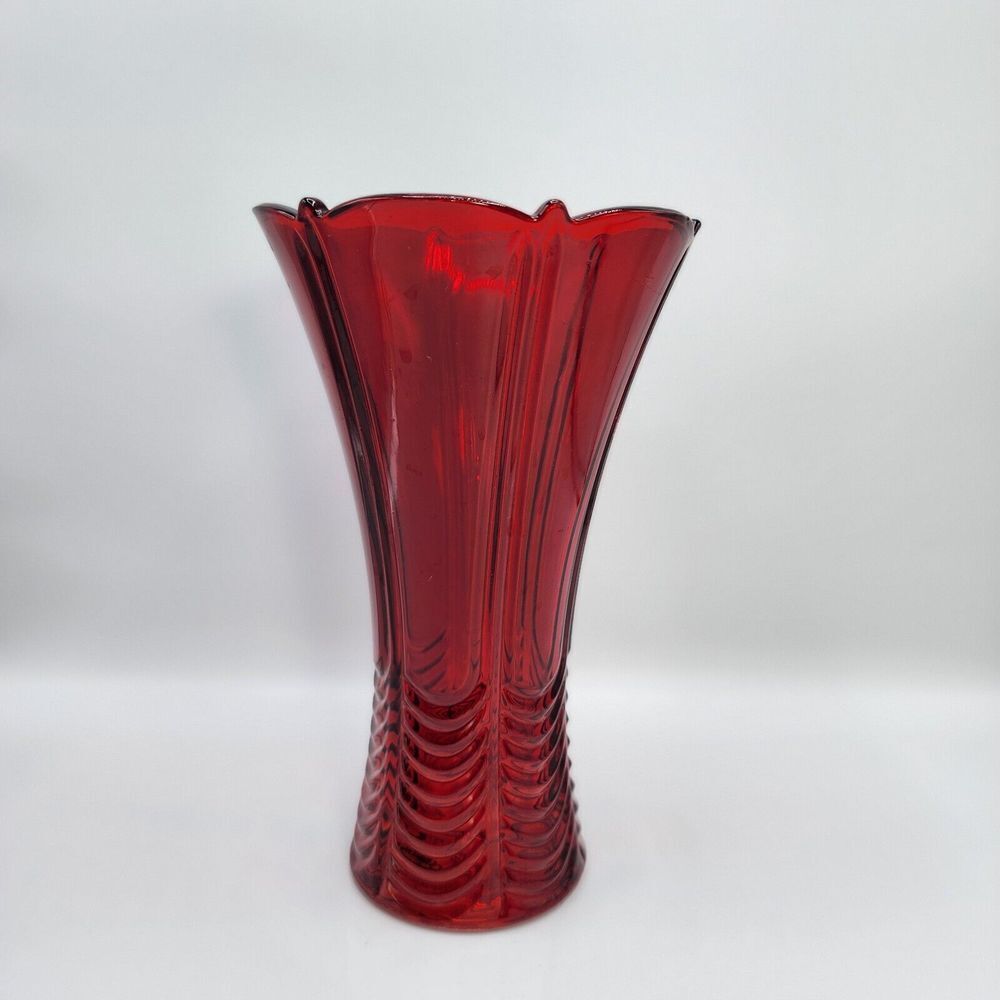 Art Deco‎ Style Red Embossed Glass Vase Flared Vintage Decor 9.5"Tall
